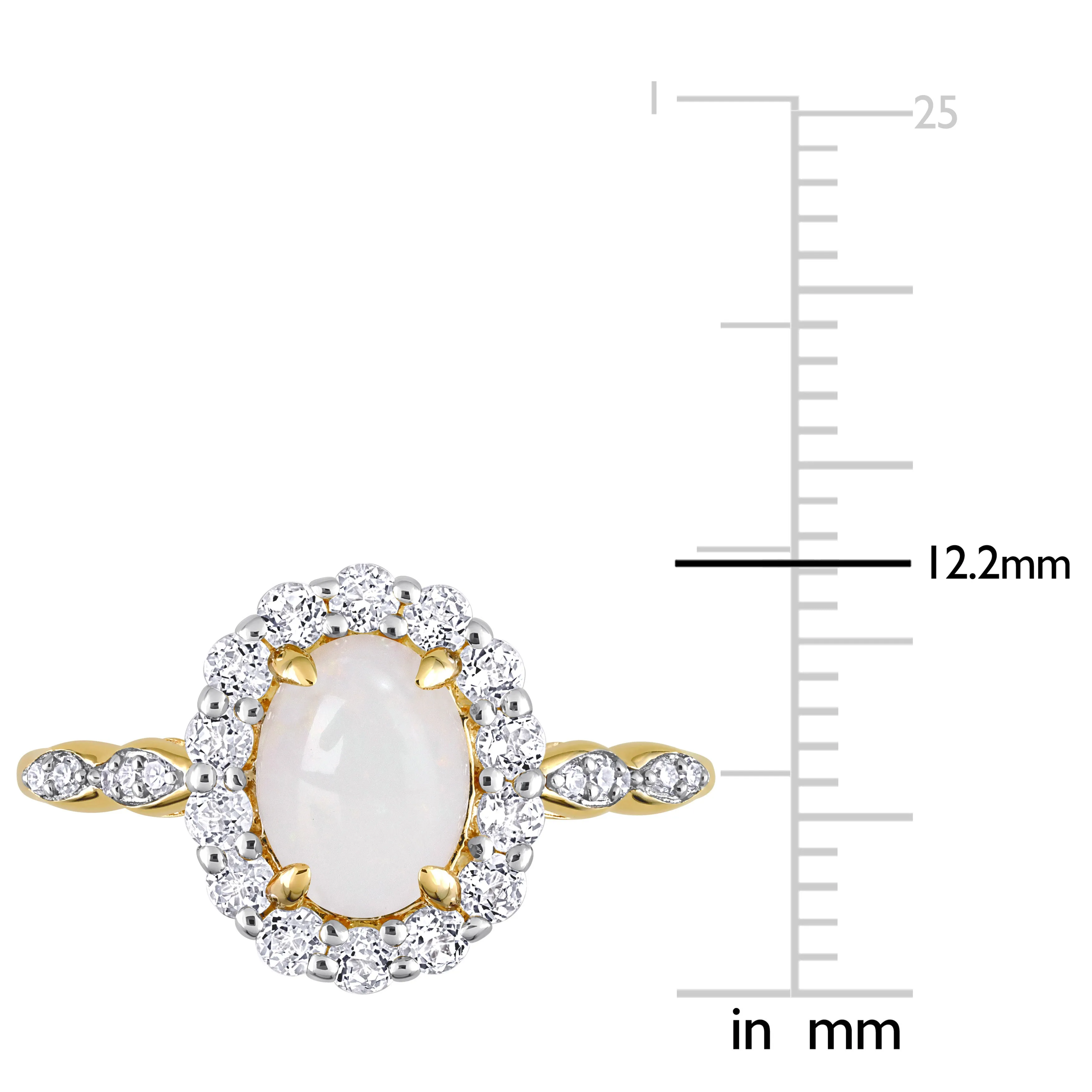 1 1/2 CT TGW Oval Shape Opal and White Topaz and Diamond Accent Halo Ring in 14K Yellow Gold