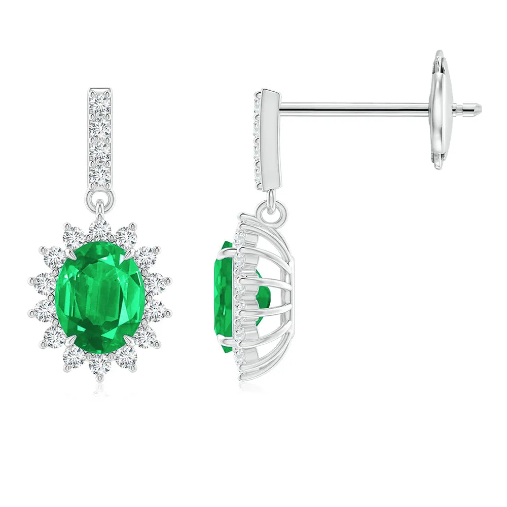 1.18 CT. Emerald Dangle Earrings with Floral Pavé Halo