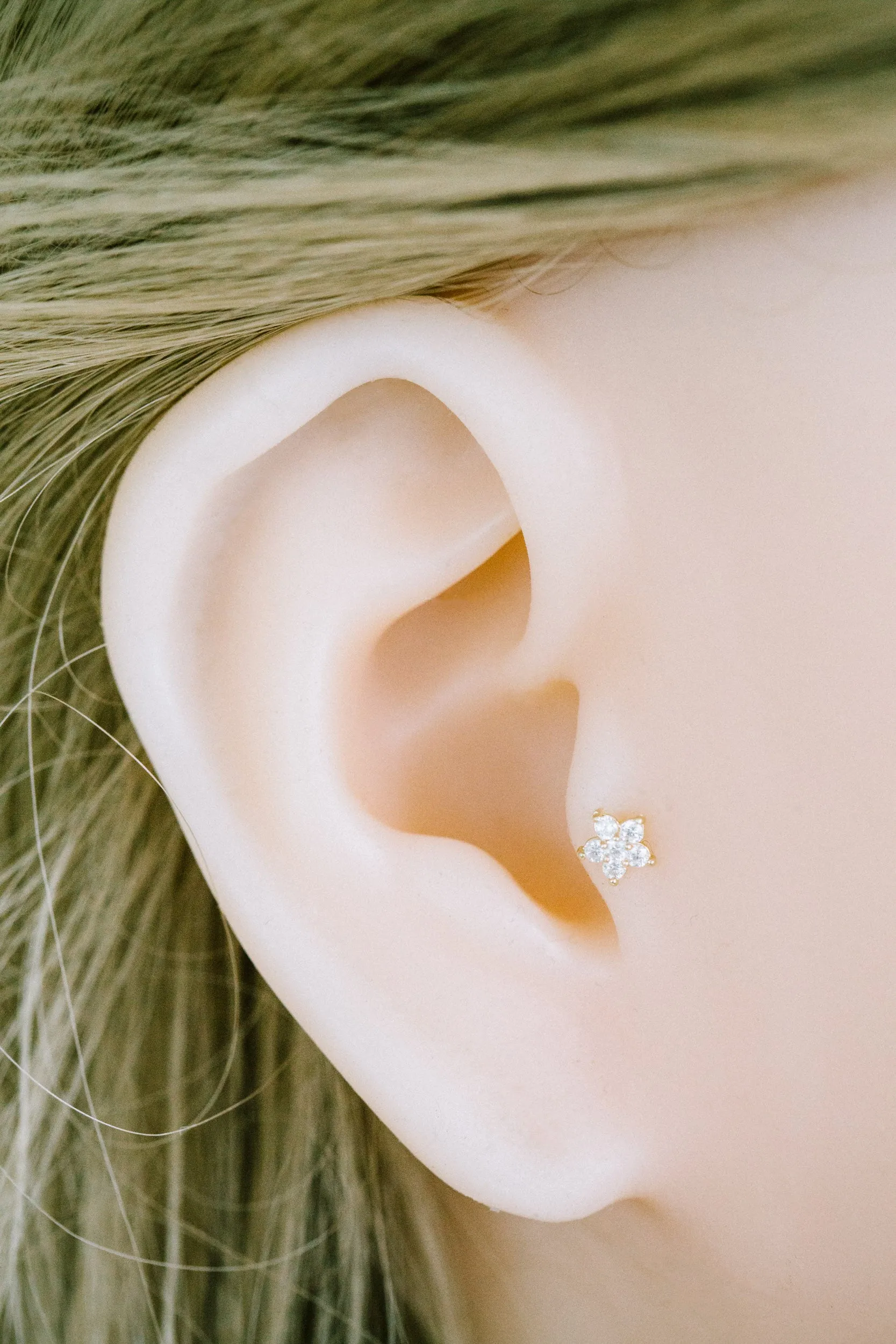 14k Gold Cubic Flower Barbell Ear Stud Piercing