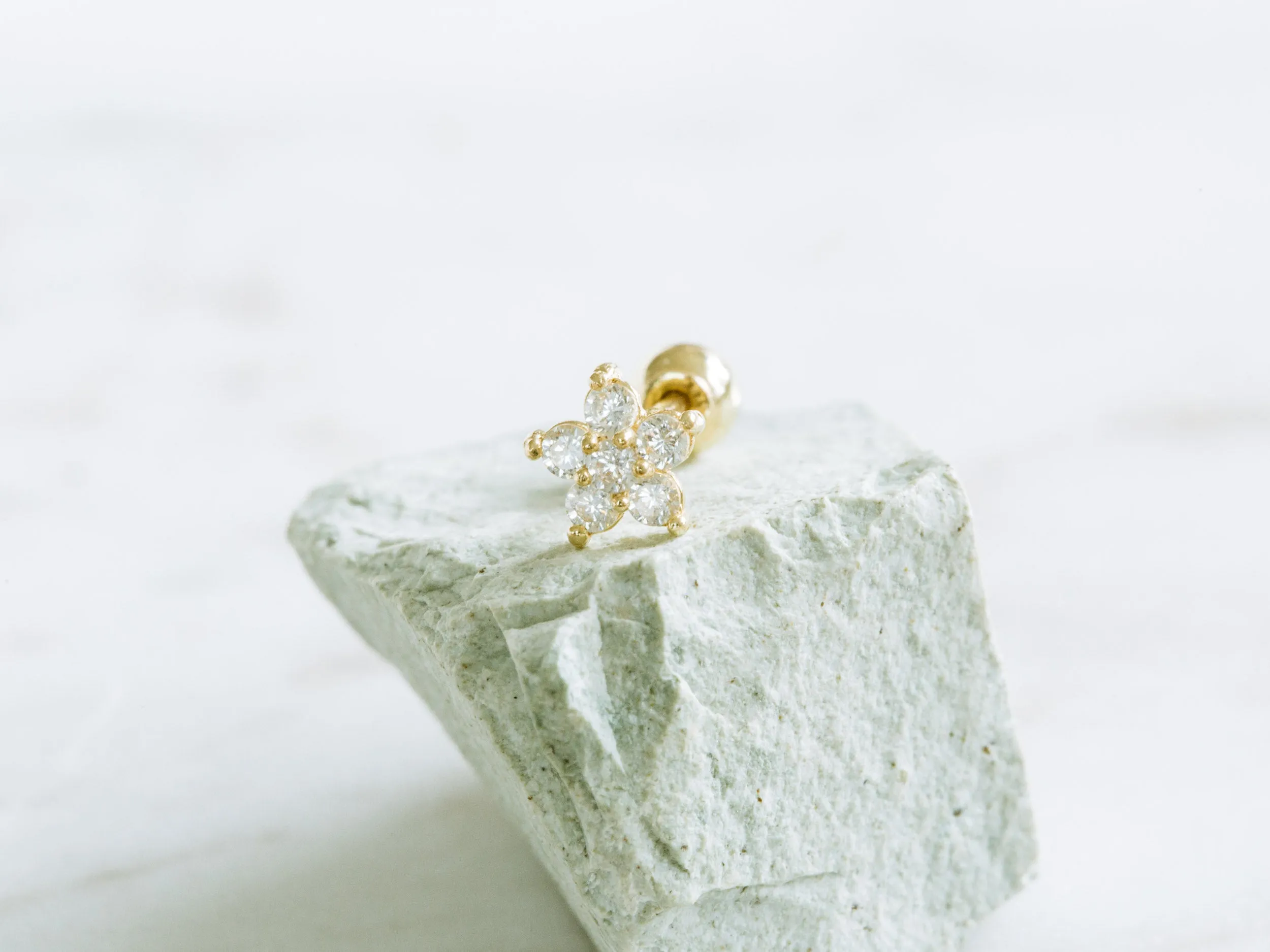 14k Gold Cubic Flower Barbell Ear Stud Piercing