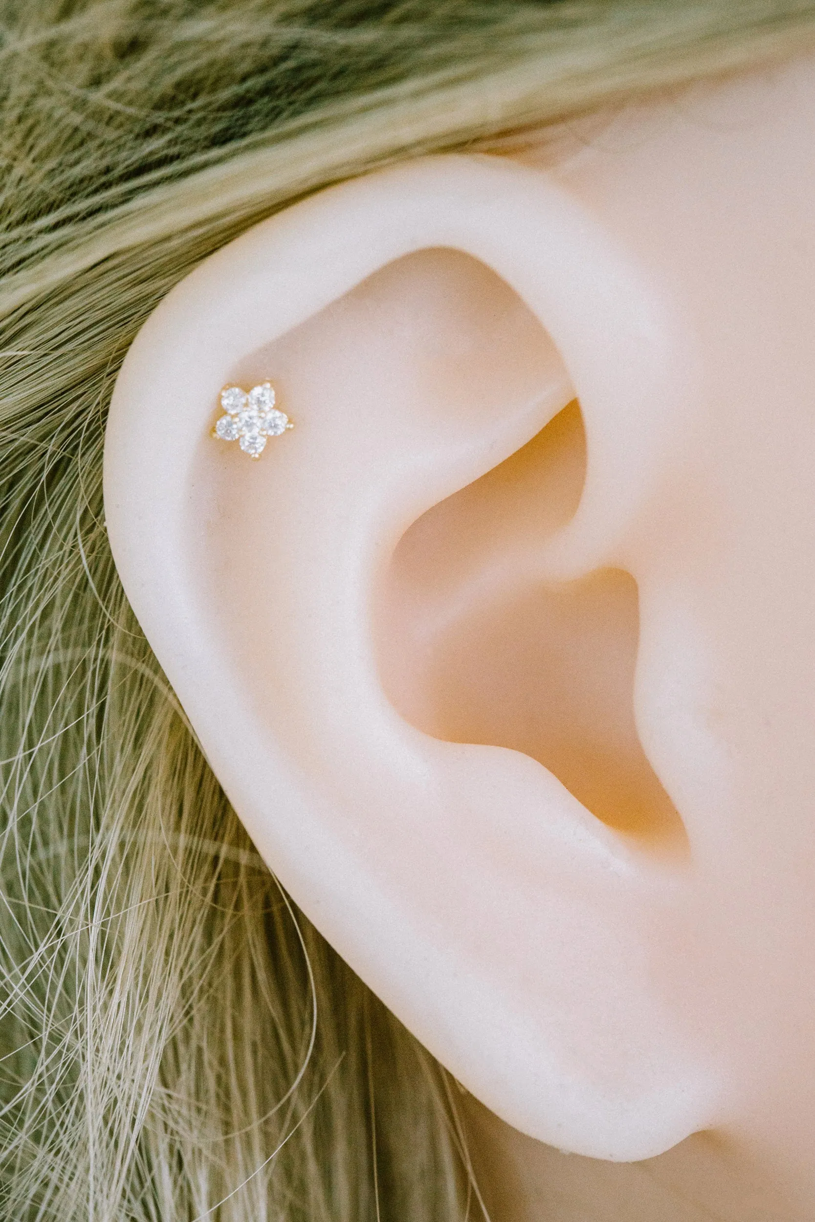 14k Gold Cubic Flower Barbell Ear Stud Piercing