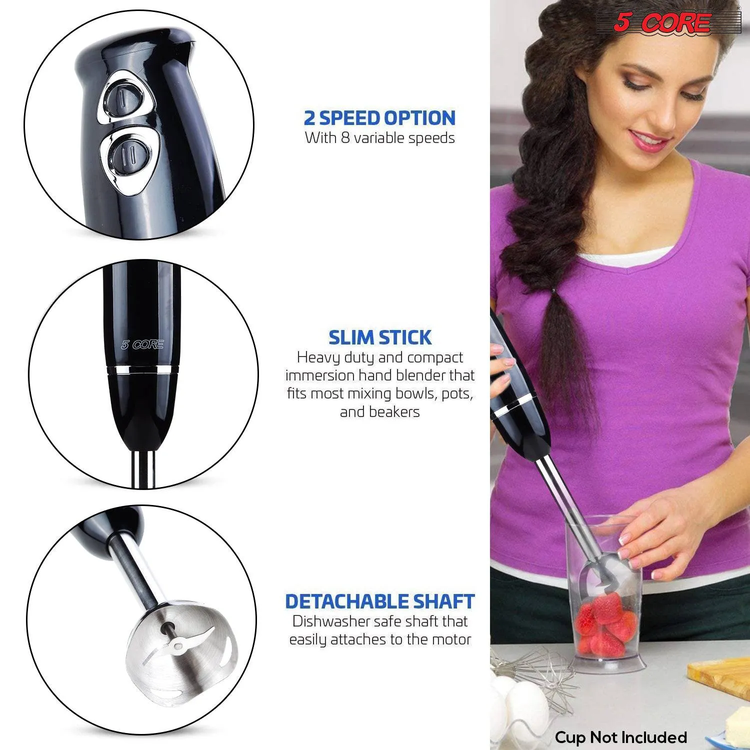 5Core 500W Immersion Blender Handheld 2 Speed Stainless Steel ,