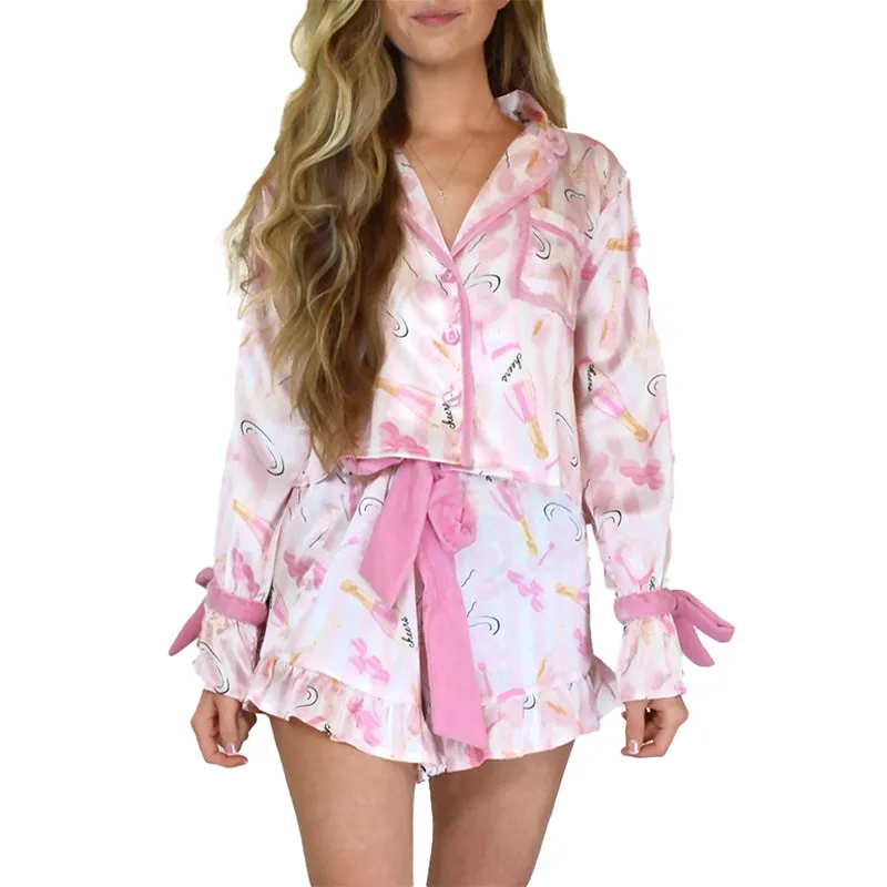 8 OAK LANE | Luxe Satin Ruffle Short PJ Set - Celebrate