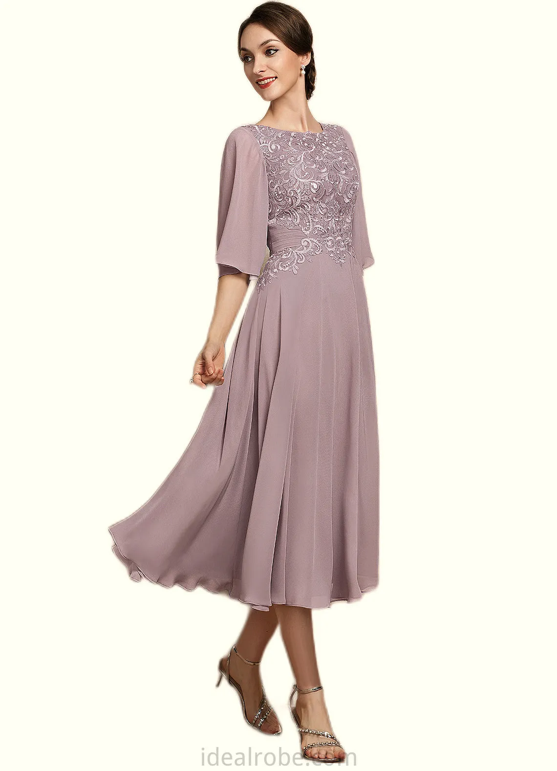 Alison A-Line Scoop Neck Tea-Length Chiffon Lace Mother of the Bride Dress STK126P0014743