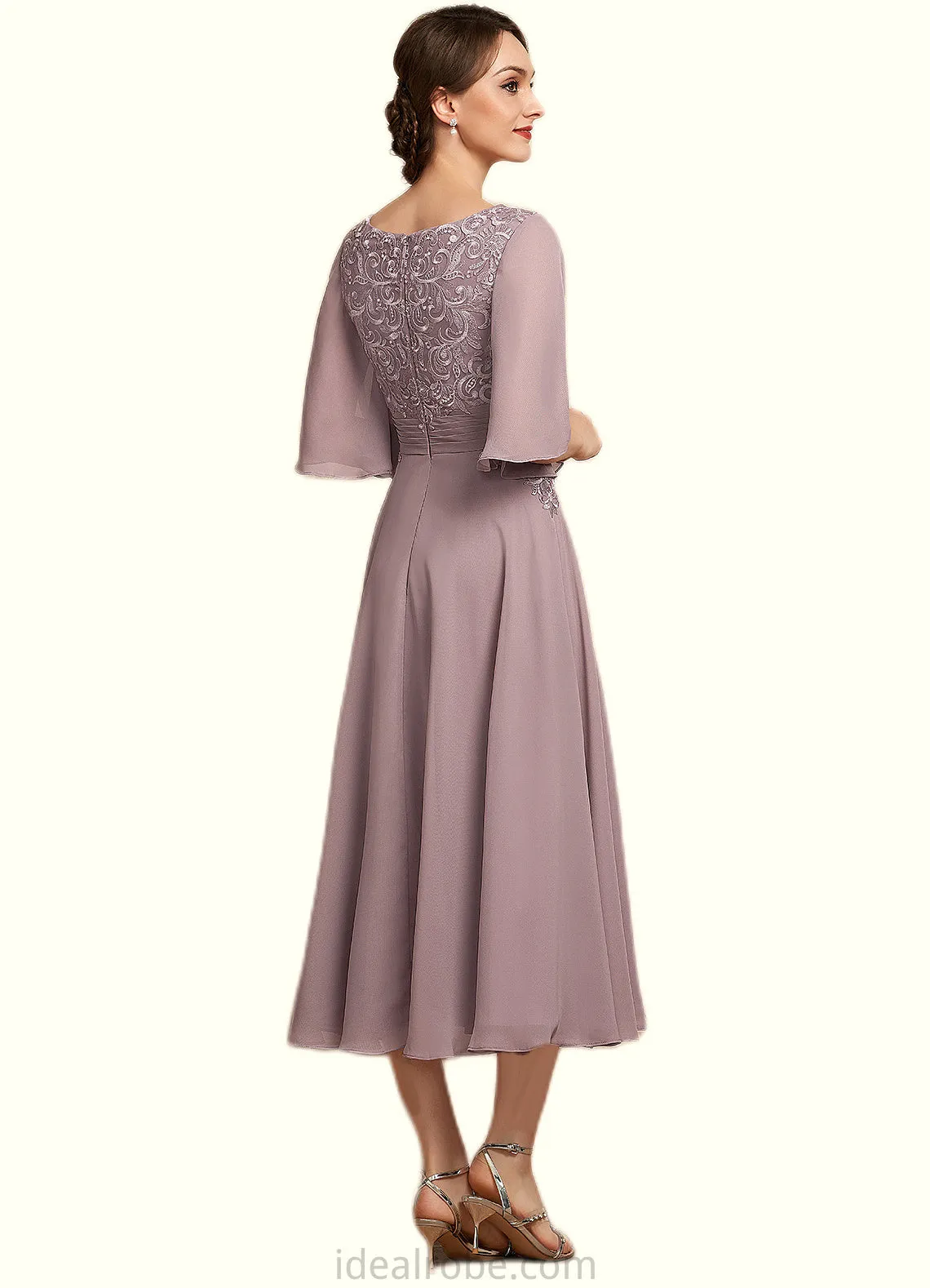 Alison A-Line Scoop Neck Tea-Length Chiffon Lace Mother of the Bride Dress STK126P0014743