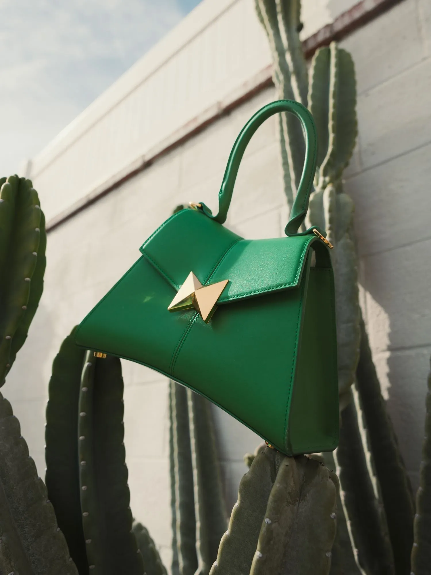 Angular Small Green Leather Handbag With Gold Hardware