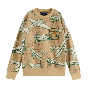 Beige Plane Graphic Sweater