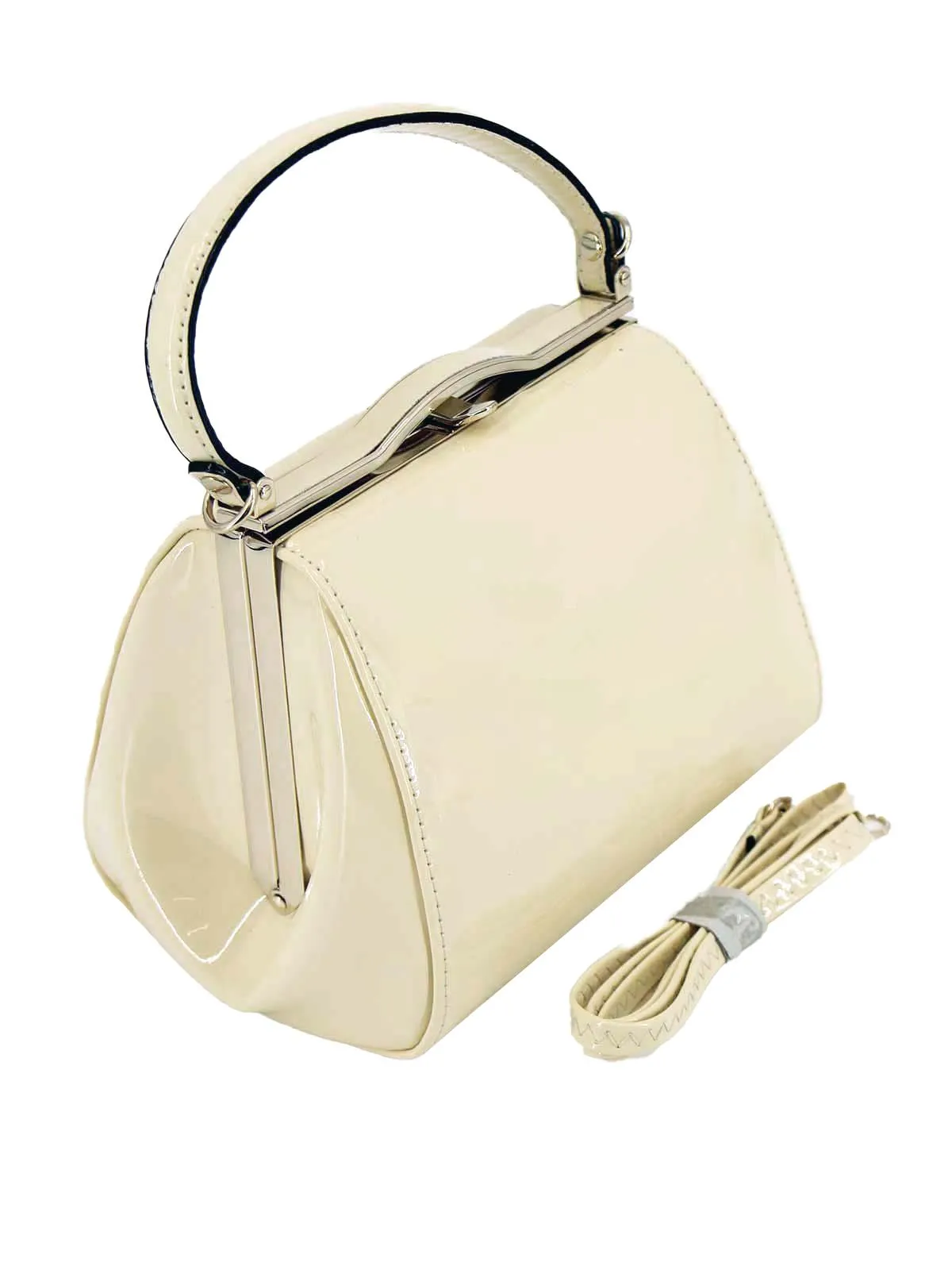 Beige Vintage Look Glossy Patent Frame Bag