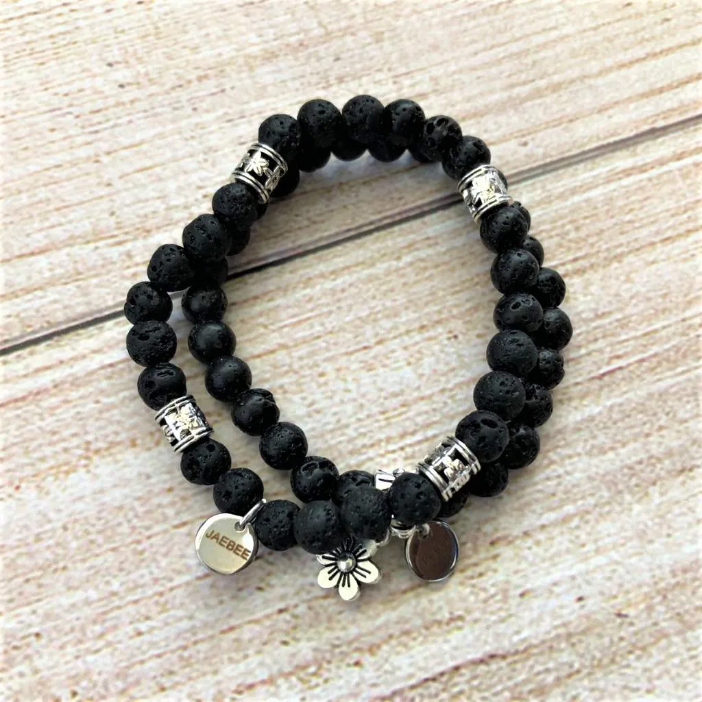 Black Lava and Silver Beaded Bracelet Set