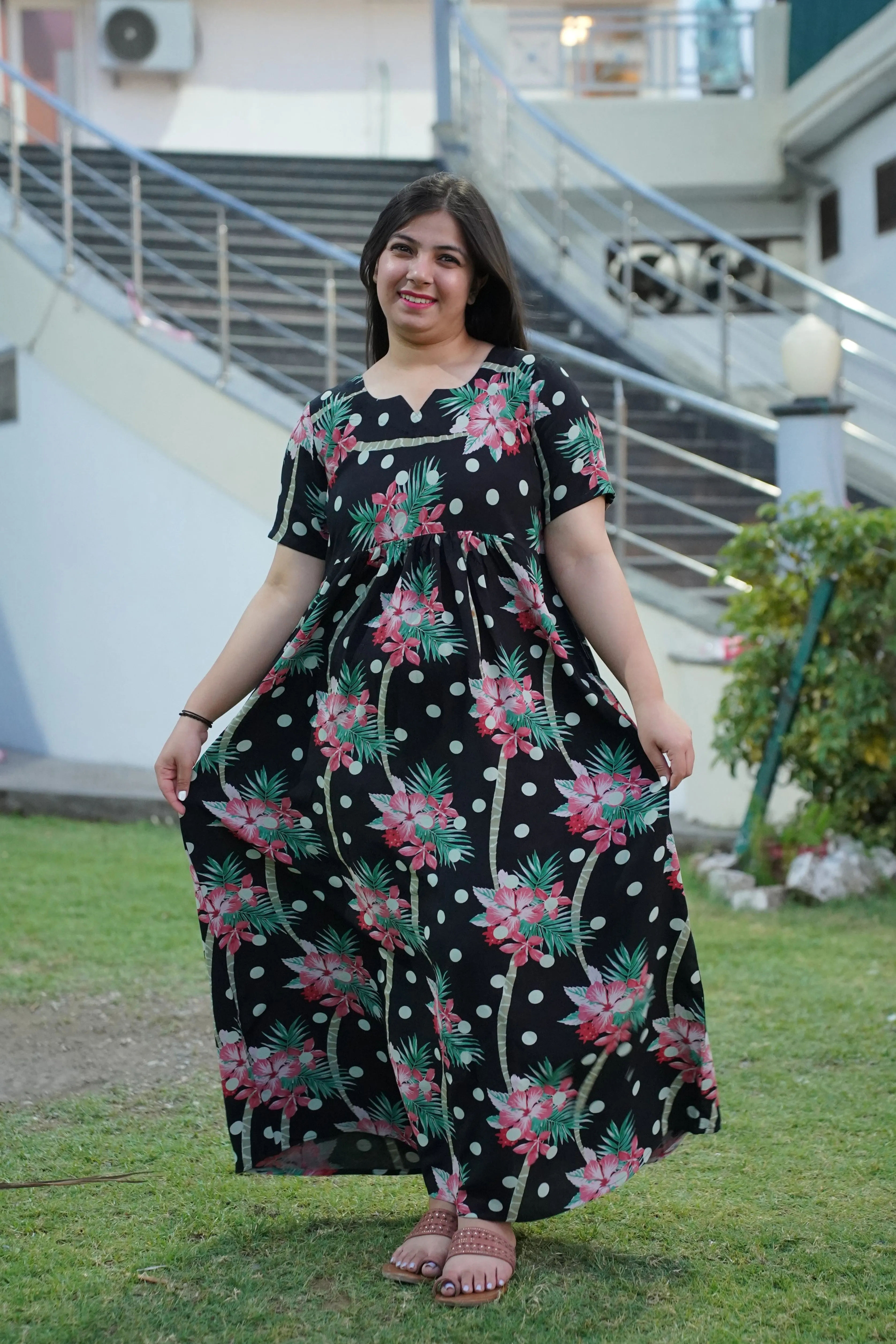 Black Polka Floral Night Gown