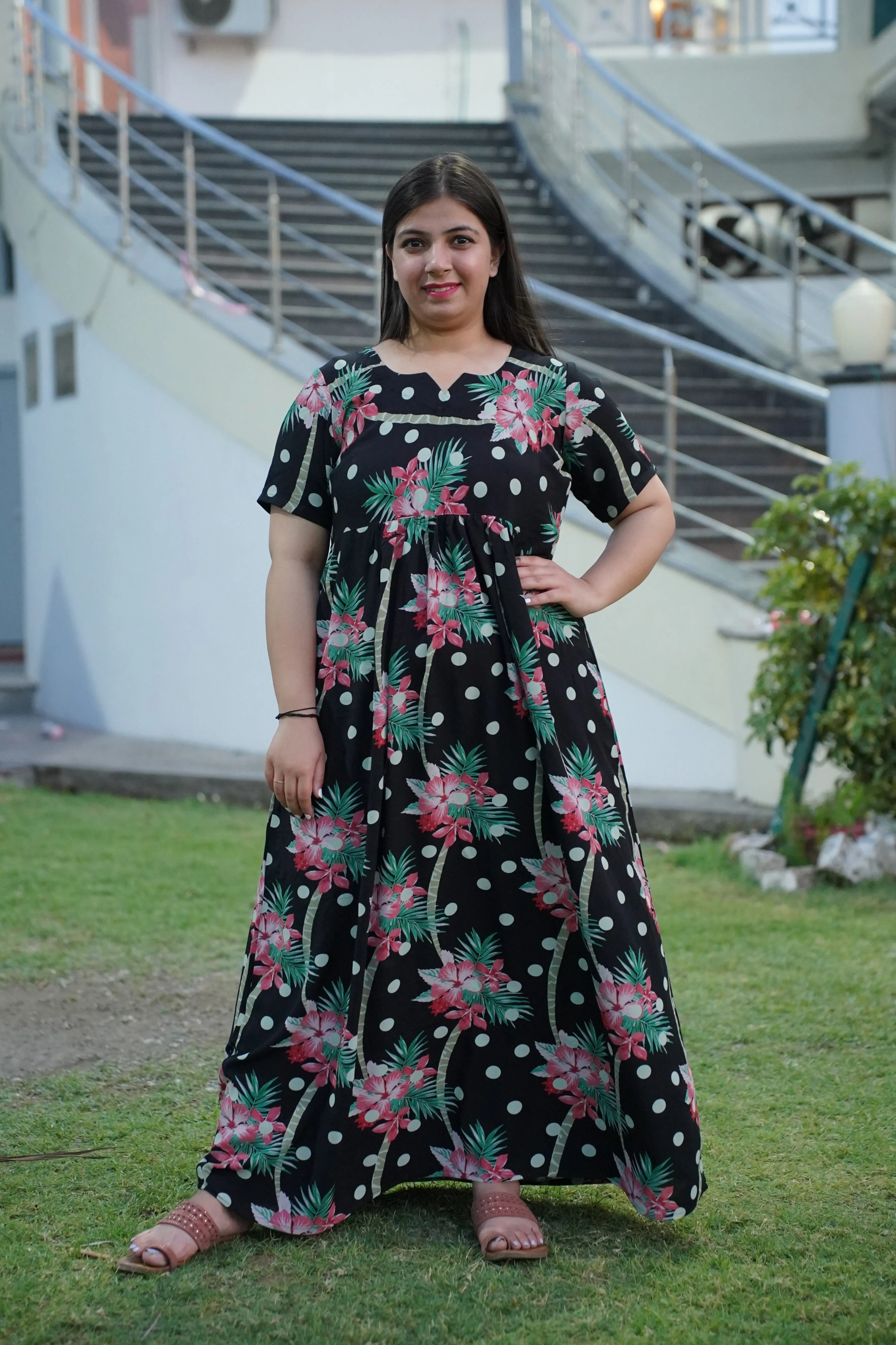 Black Polka Floral Night Gown