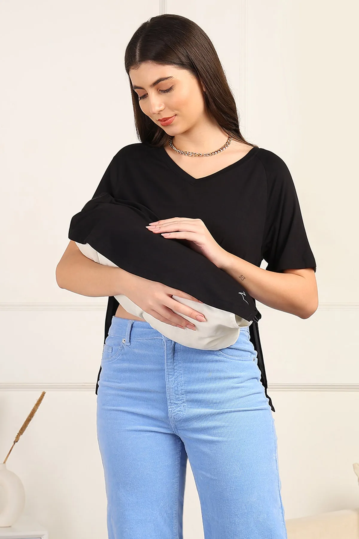 Black Solid Nursing Top with Side Zip Access