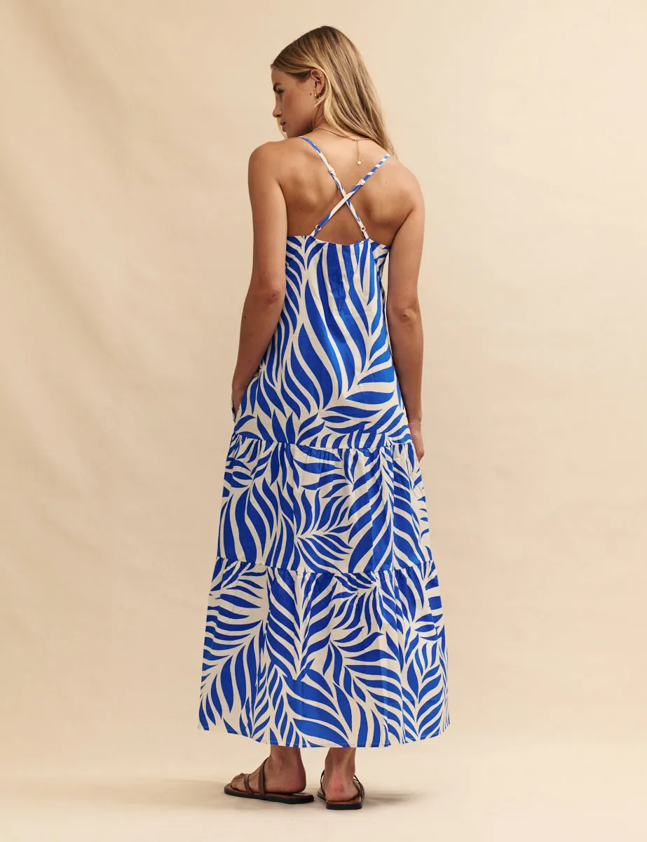 Blue Leaf Print Etain Midi Dress