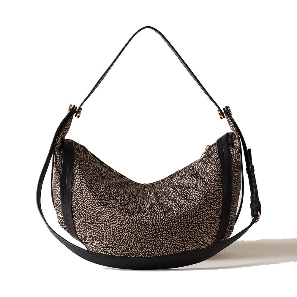 Borsa Donna Hobo Bag BORBONESE linea New Orbit Medium in Tessuto Op Naturale e Pelle Nera