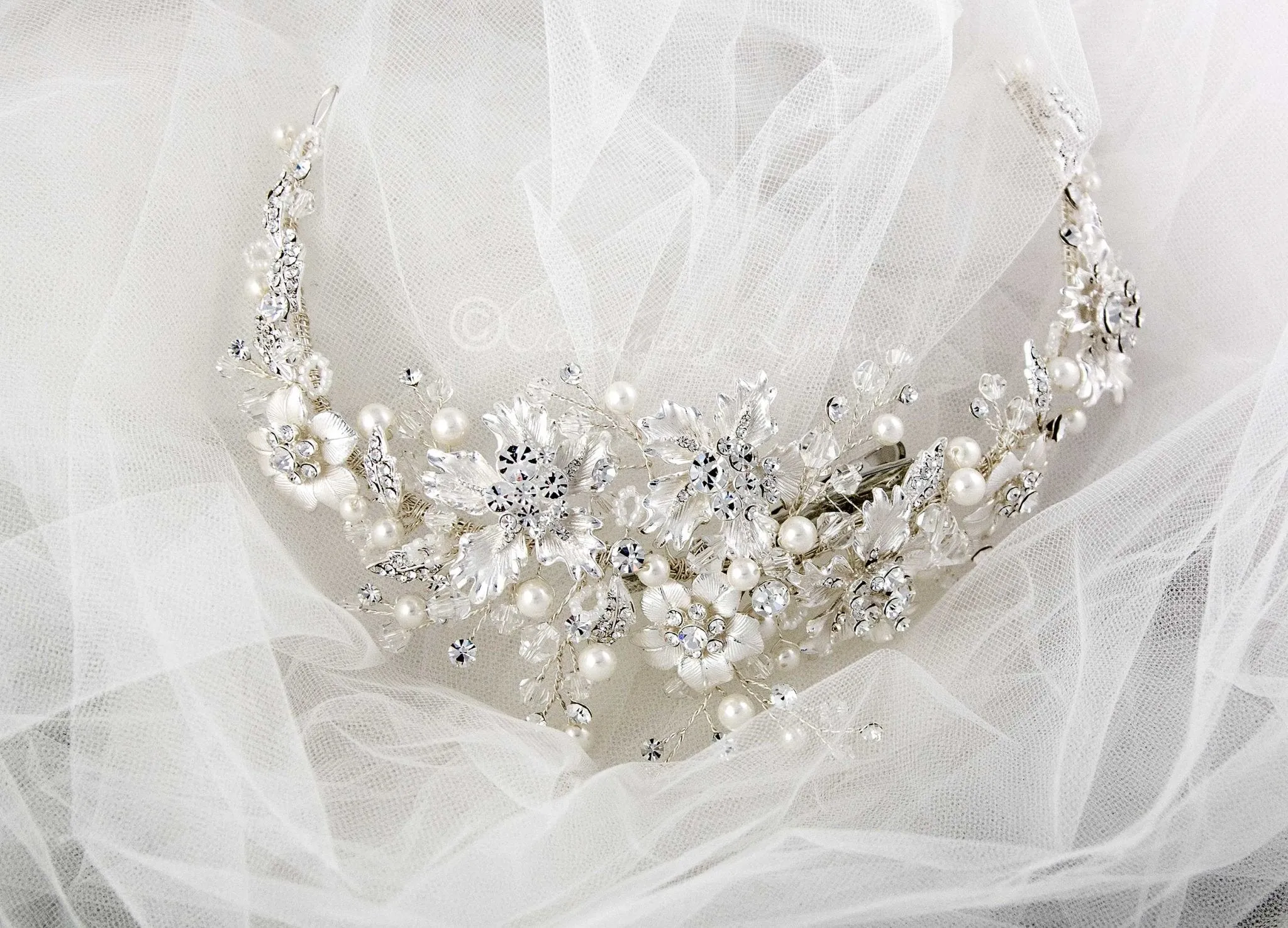 Bridal Headpiece with Frosted Flowers Pearls and Crystals