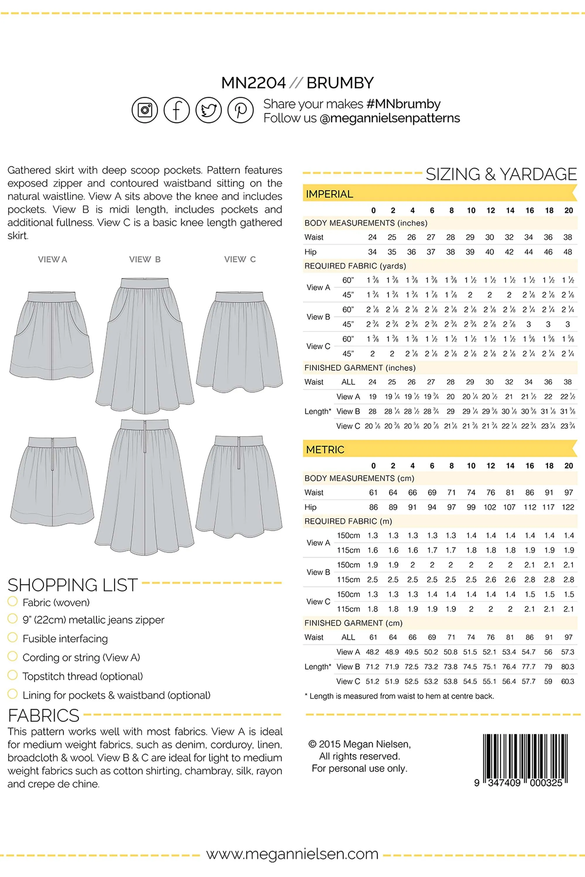 Brumby Skirt Sewing Pattern by Megan Nielsen Patterns, Sizes 0-20