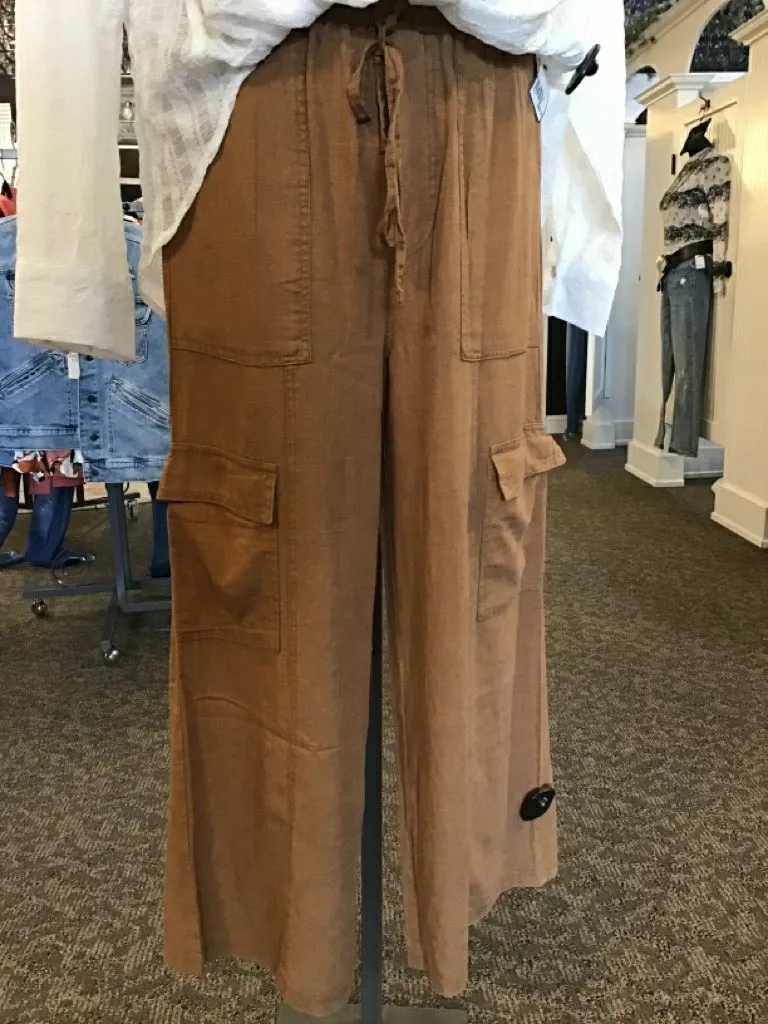 Camel Linen Blend Wide Leg Cargo Pants - S to XL