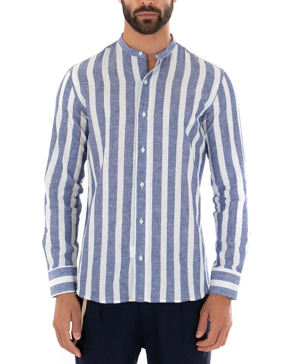 Camicia Uomo Riga Larga Collo Coreano Manica Lunga Lino Sartoriale Blu GIOSAL-C2022A