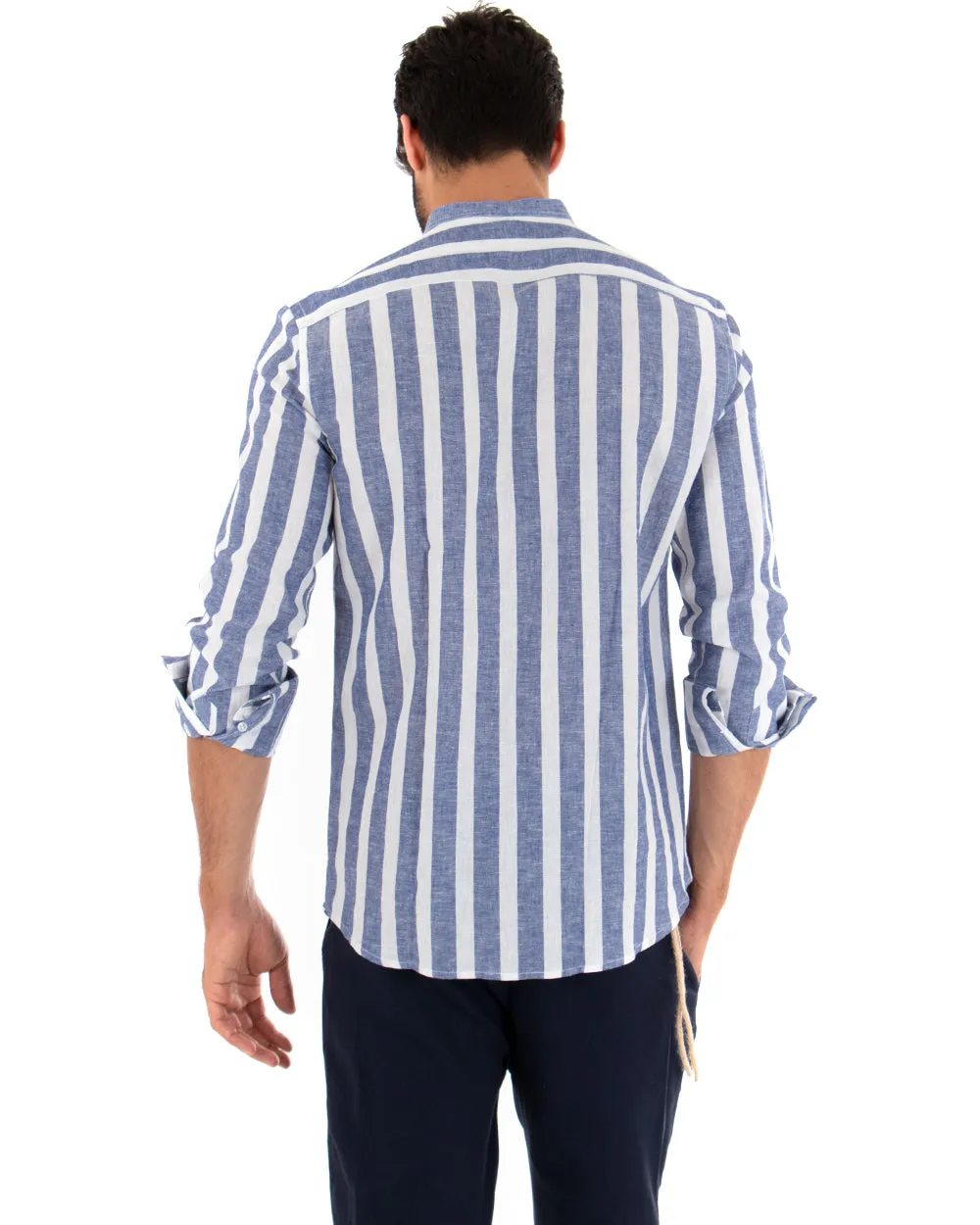 Camicia Uomo Riga Larga Collo Coreano Manica Lunga Lino Sartoriale Blu GIOSAL-C2022A