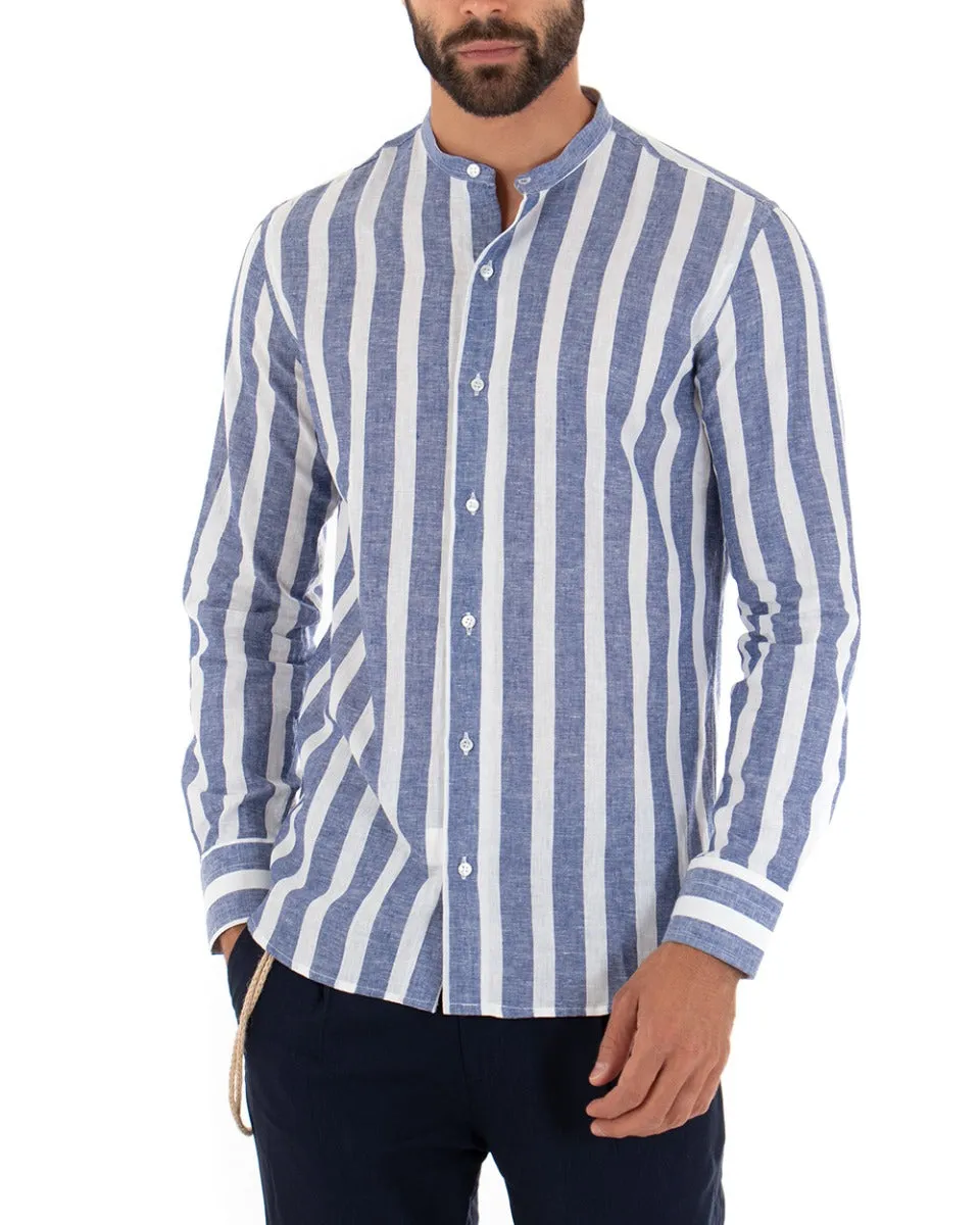 Camicia Uomo Riga Larga Collo Coreano Manica Lunga Lino Sartoriale Blu GIOSAL-C2022A