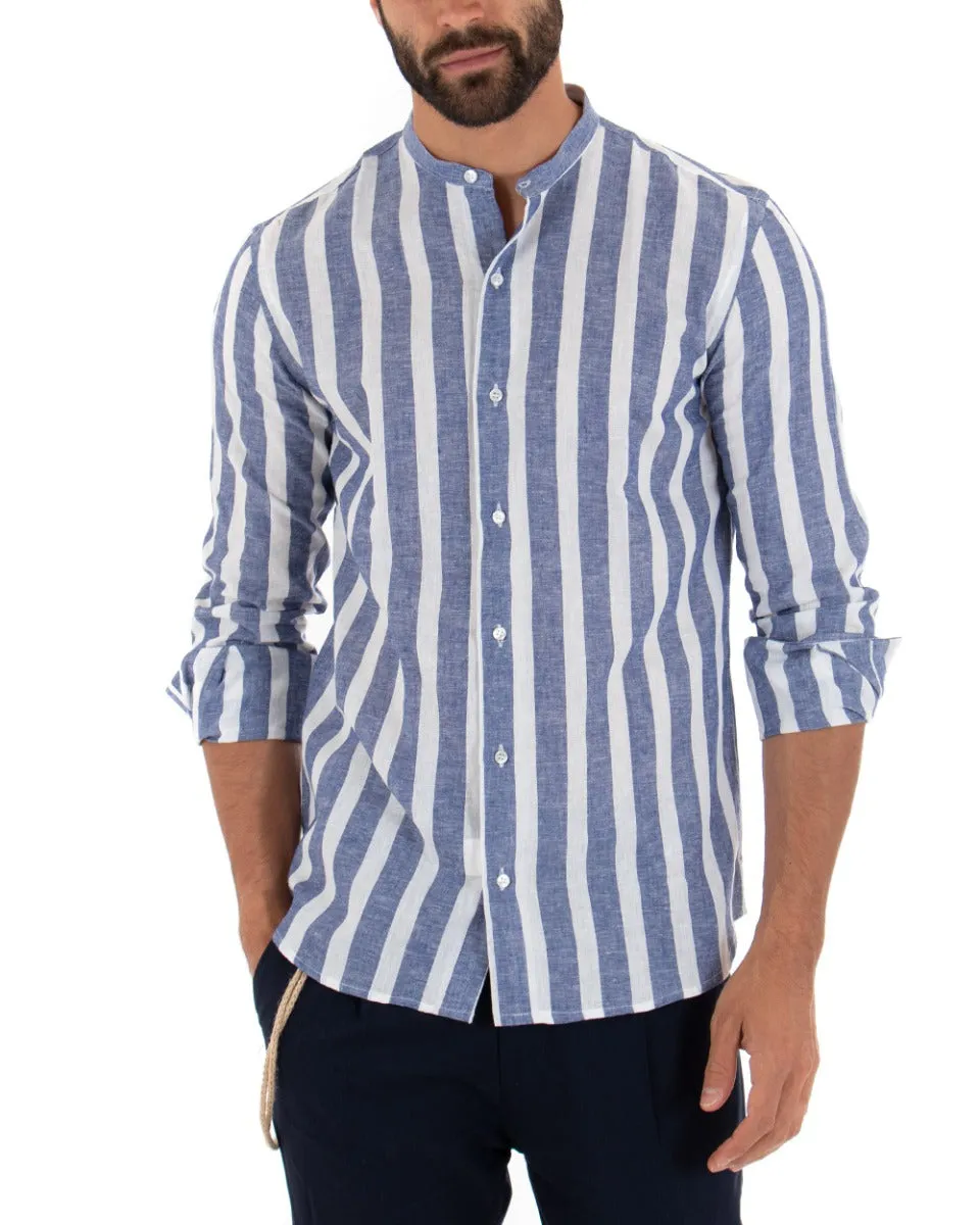 Camicia Uomo Riga Larga Collo Coreano Manica Lunga Lino Sartoriale Blu GIOSAL-C2022A