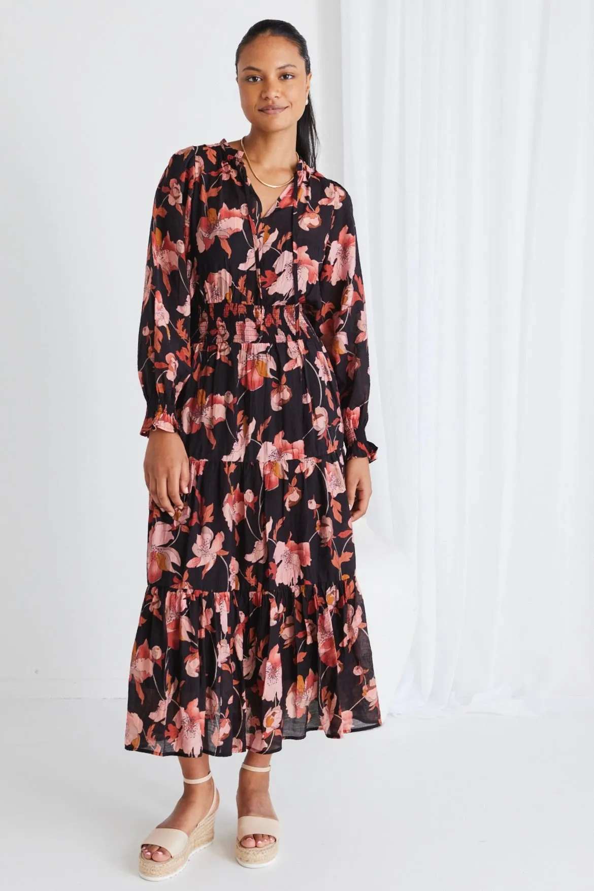 Charlie Blush Floral LS V Neck Tiered Midi Dress