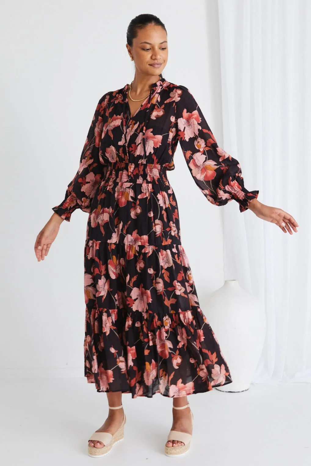 Charlie Blush Floral LS V Neck Tiered Midi Dress