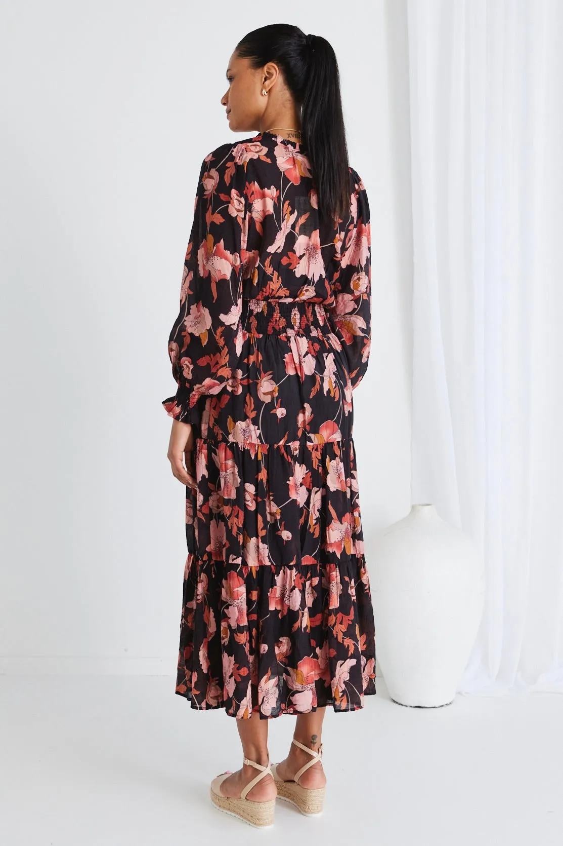 Charlie Blush Floral LS V Neck Tiered Midi Dress