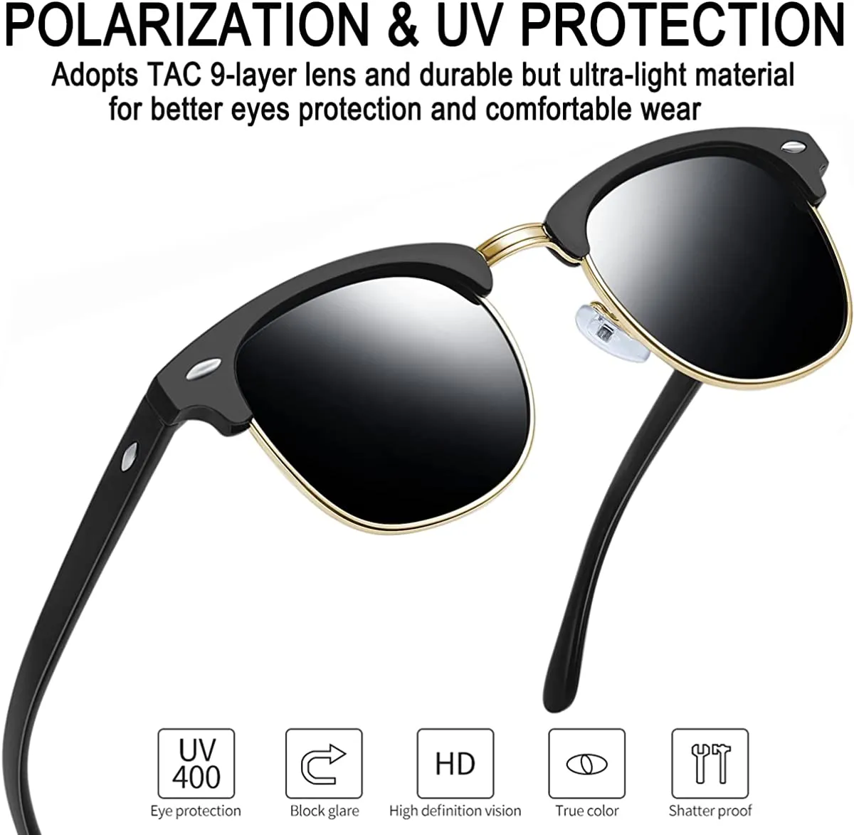 Classic Half Frame Sun Glasses with UV Protection & Polarized