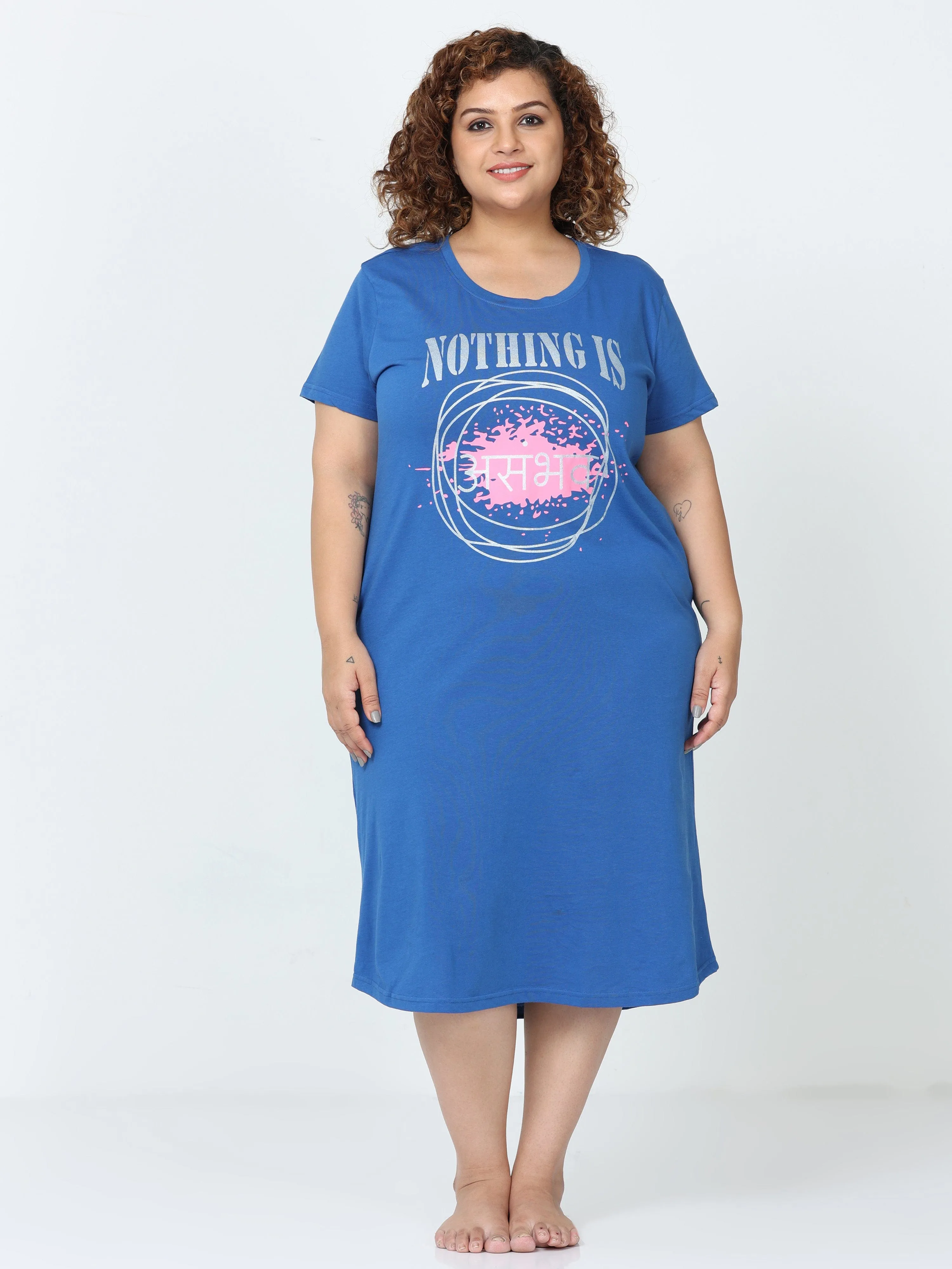 Cobalt Blue Hosiery Cotton Short Nighty Plus Size