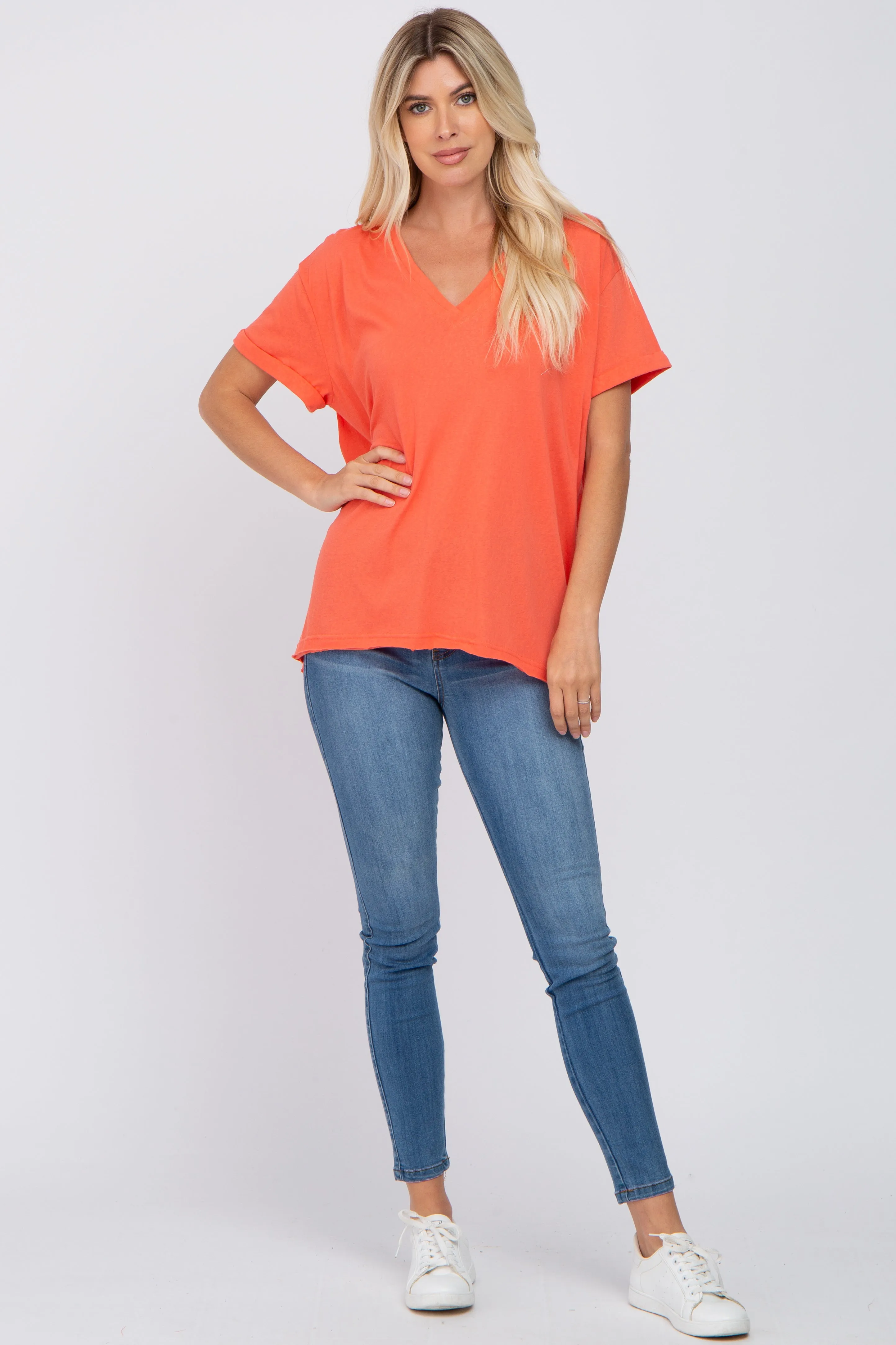 Coral Basic Rolled Short Sleeve Top