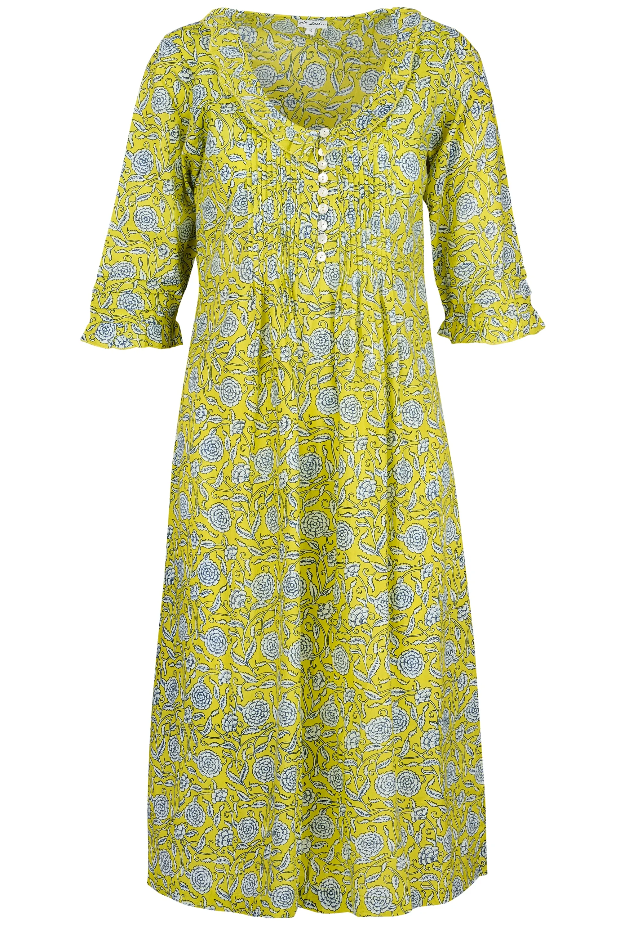 Cotton Karen 3/4 Sleeve Day Dress in Canary Yellow with White & Navy Flower