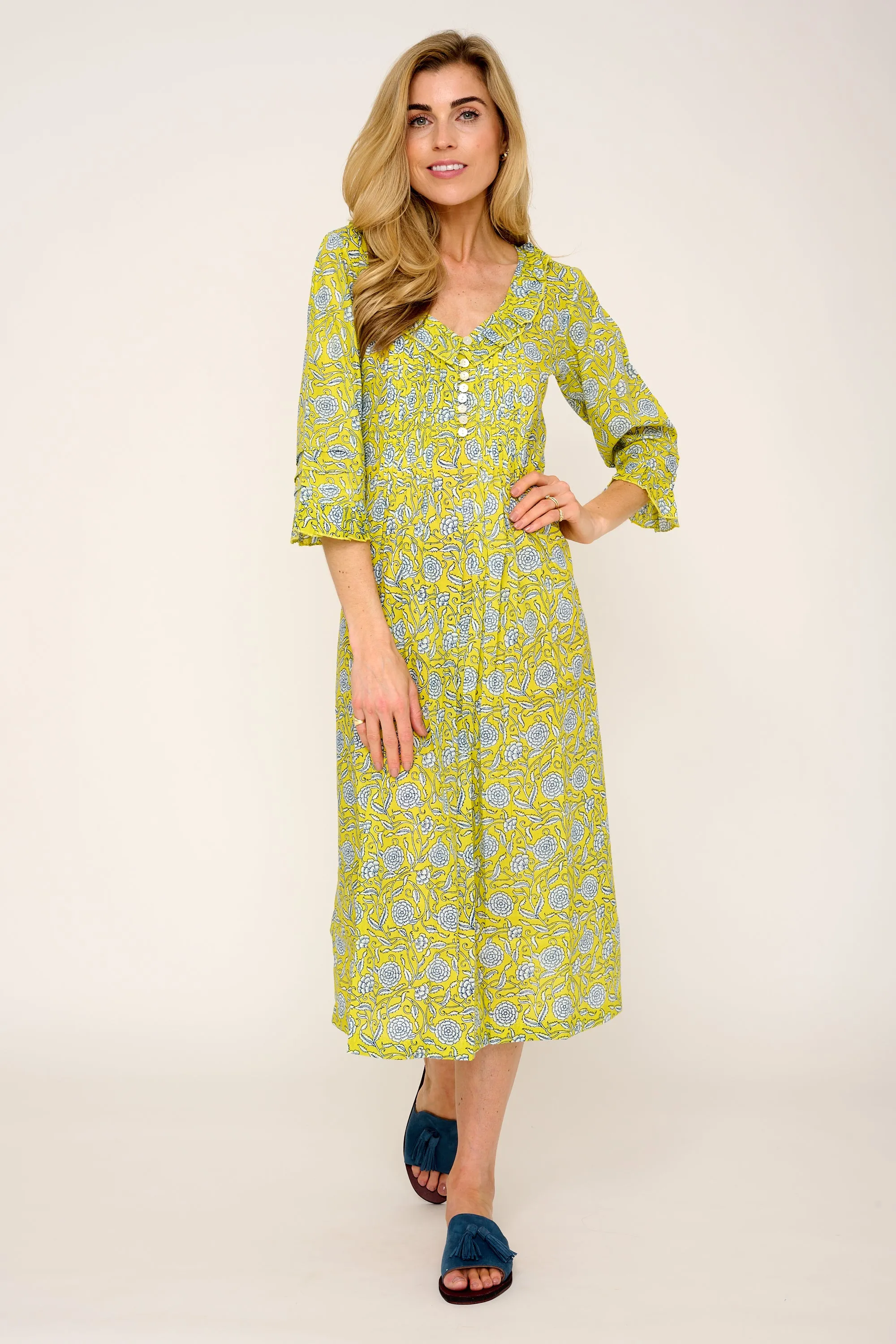 Cotton Karen 3/4 Sleeve Day Dress in Canary Yellow with White & Navy Flower