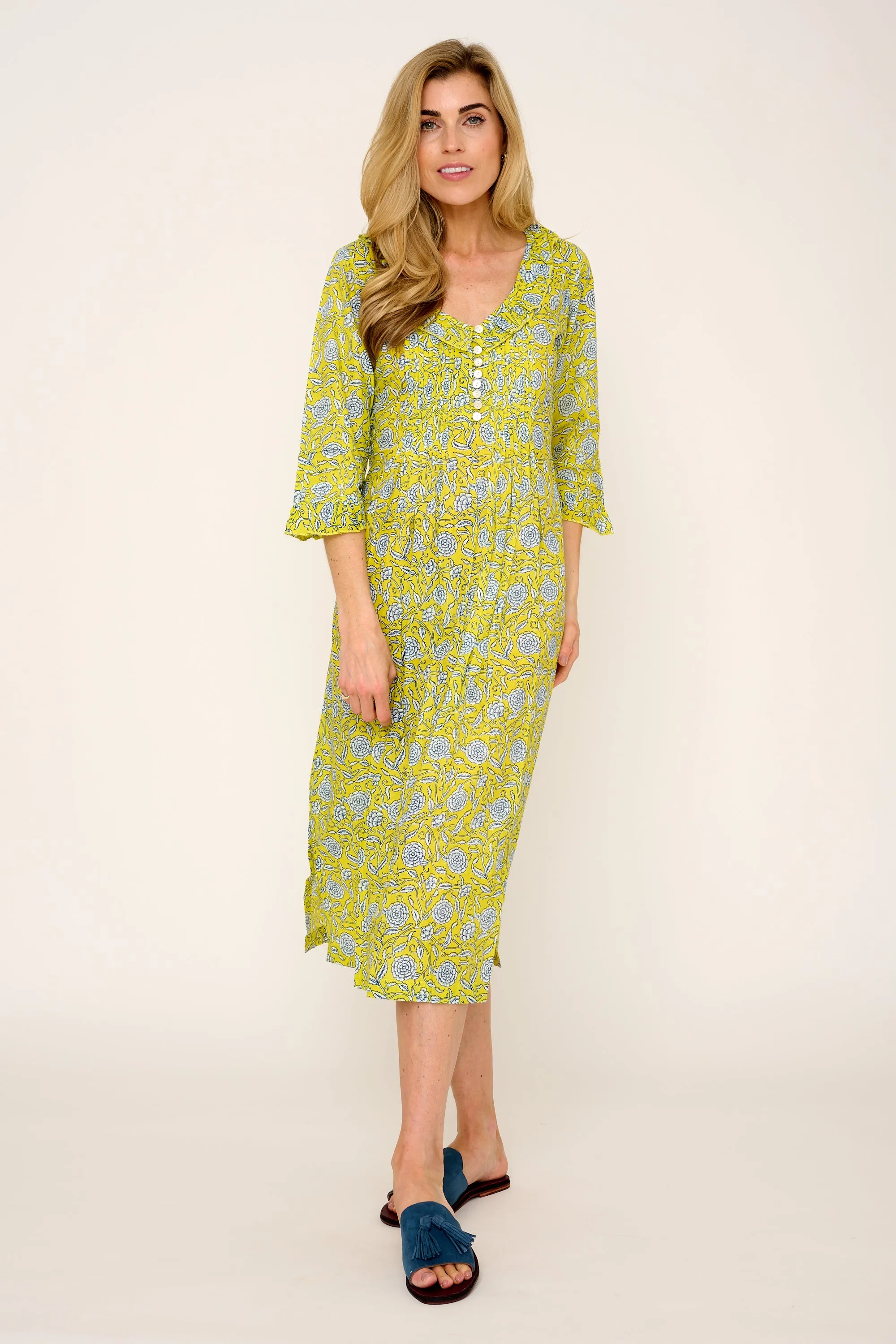 Cotton Karen 3/4 Sleeve Day Dress in Canary Yellow with White & Navy Flower