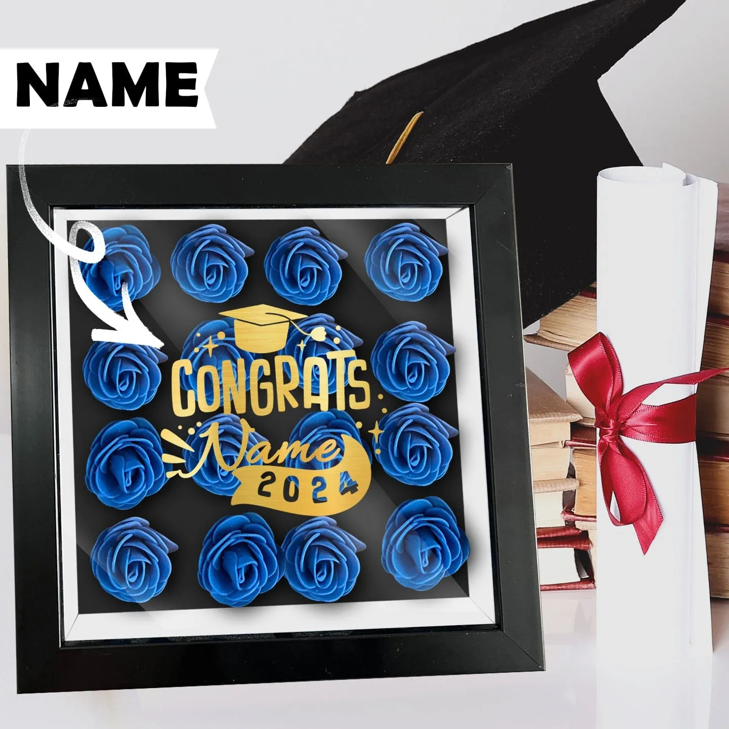 Custom Name Golden Congrats Graduation Cover Flower Shadow Box Display Personalized Graduation Gift Decorations