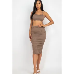 Cut-out Tie Side Crop Top & Ruched Midi Skirt Set