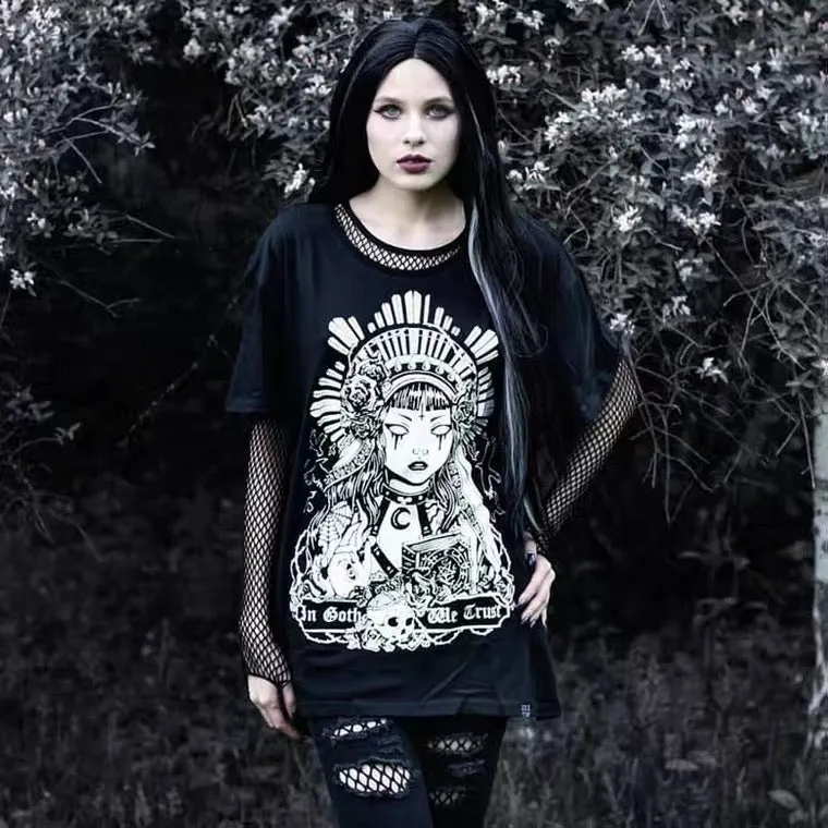 DARK FASHION GOTHIC PRINT LONG PARAGRAPH LOOSE T-SHIRT BY70178