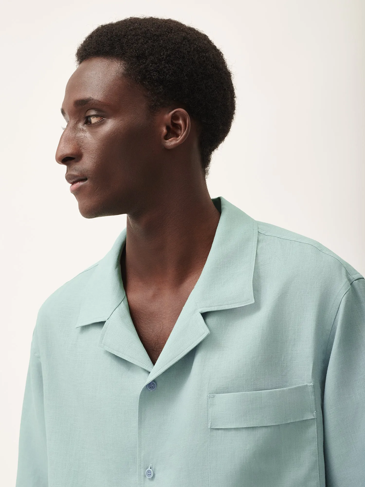 DNA Aloe Linen Camp Collar Shirt—eucalyptus blue