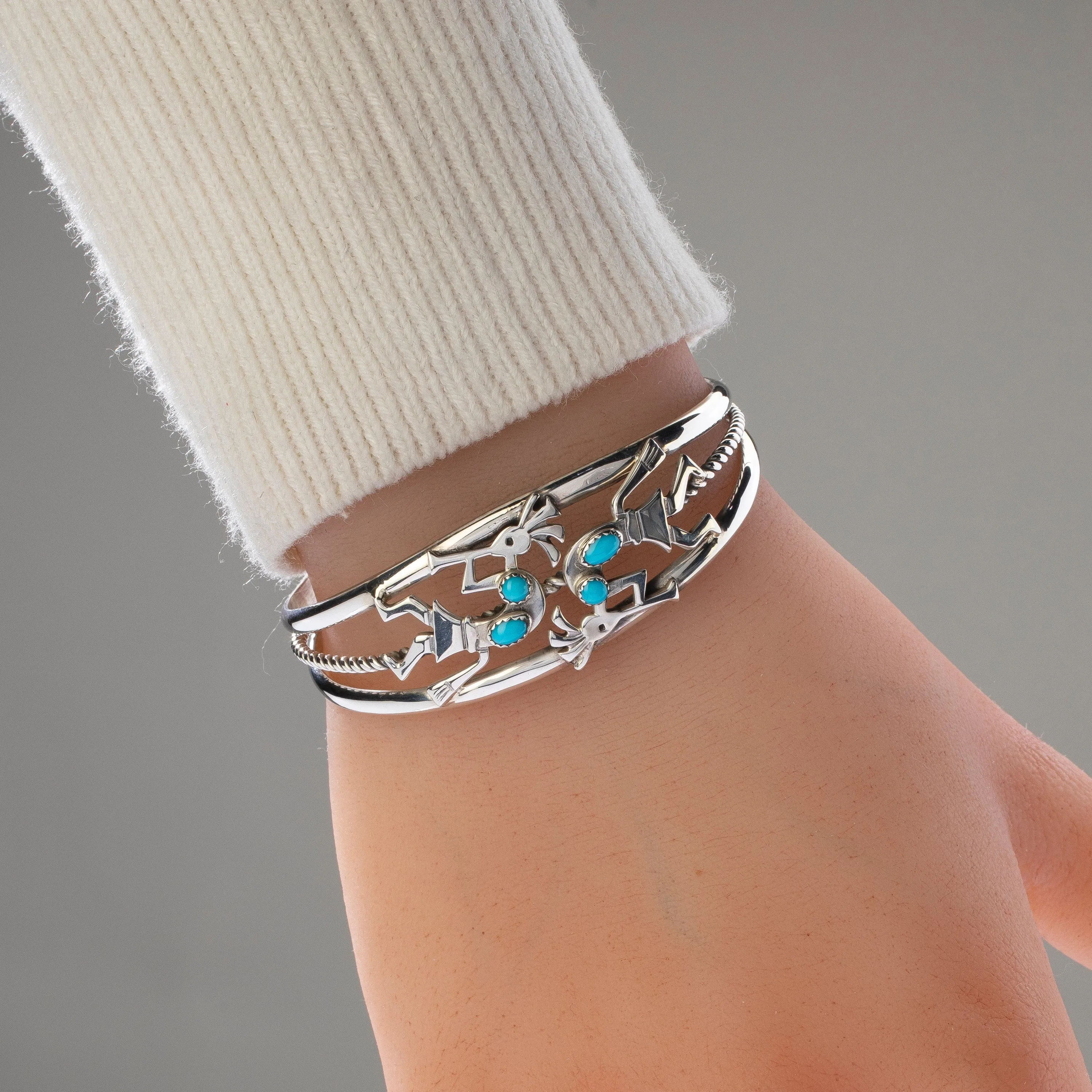 Ella Peter Sleeping Beauty Turquoise Navajo Kokopelli USA Native American Made 925 Sterling Silver Cuff