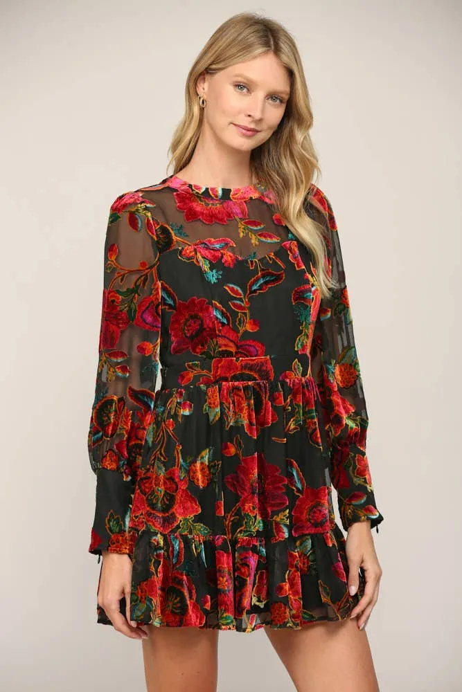 Floral Burnout Velvet Long Sleeve Dress