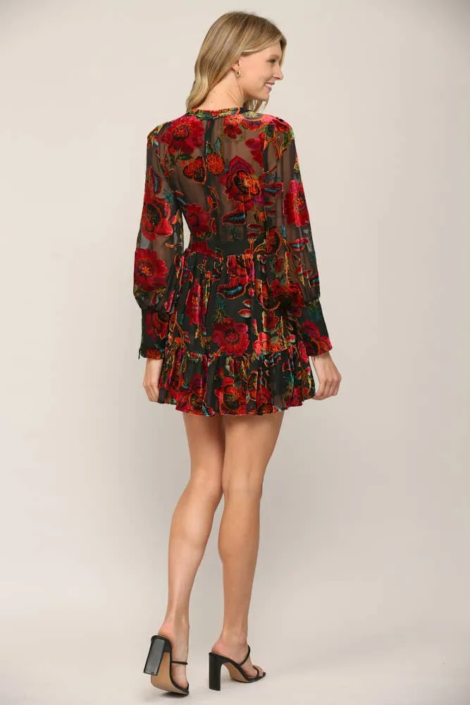 Floral Burnout Velvet Long Sleeve Dress