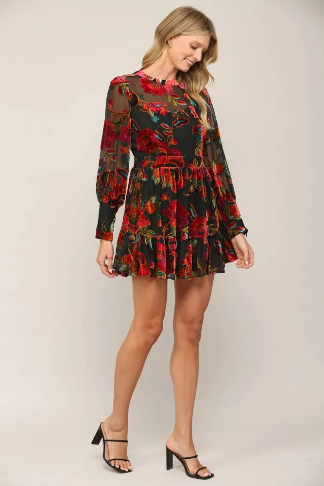 Floral Burnout Velvet Long Sleeve Dress