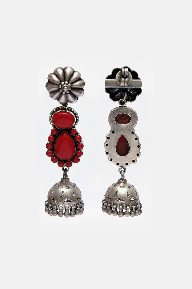 Flower Motif Red Stone Jhumkis