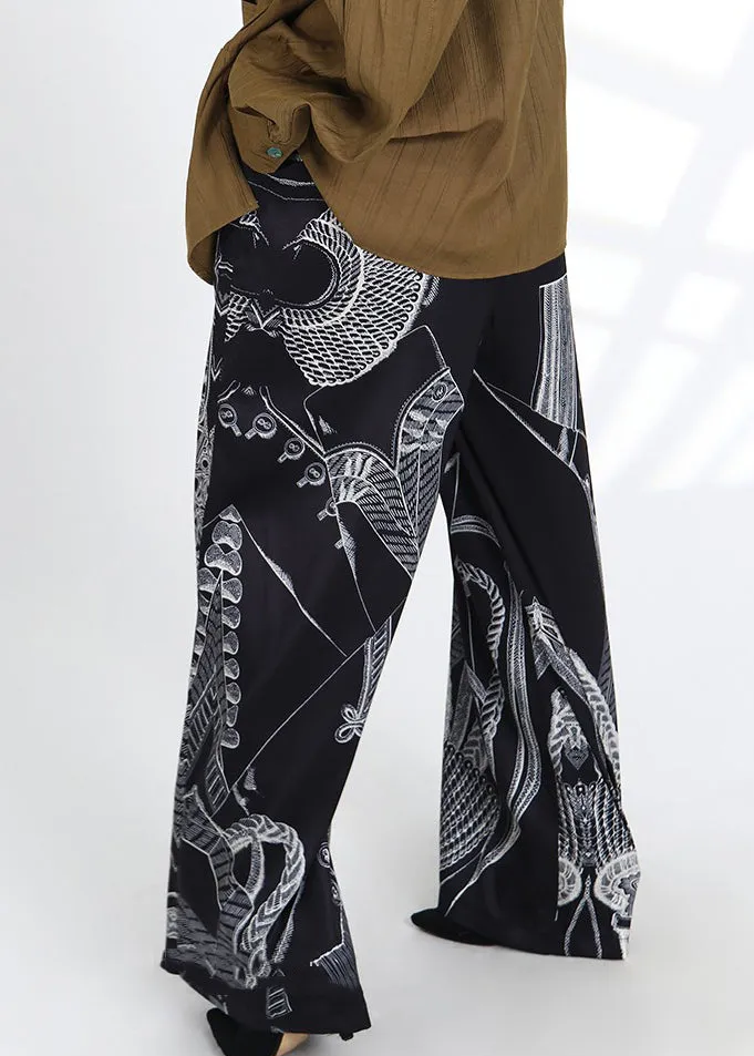 French Black Print Pockets Elastic Waist Silk Pants Spring AS1052