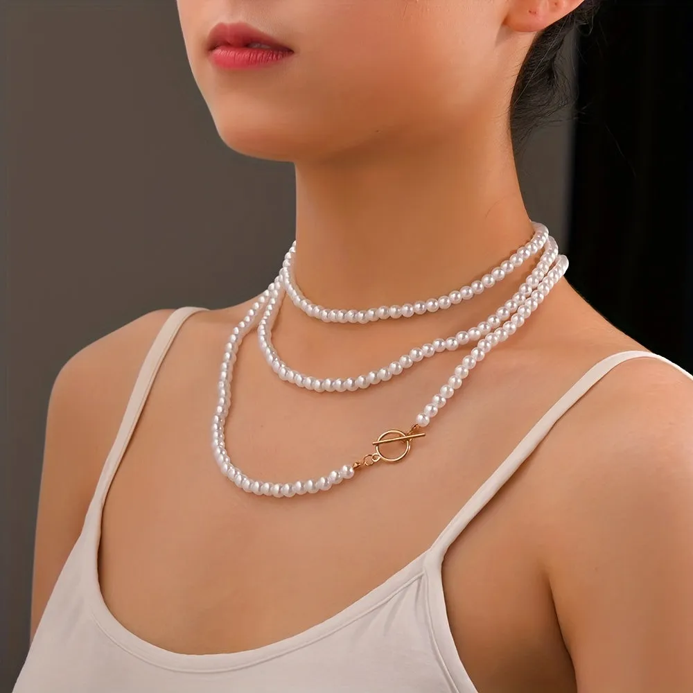 French Vintage Multilayer Stacking Wrap Faux Pearl Necklace For Women Girls Gift