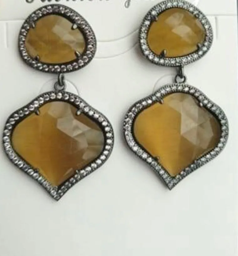 Glass Stone Heart Dangle Earrings