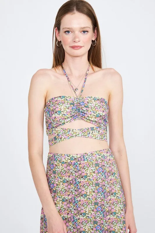 HALTER NECK FLORAL CROP TOP WITH BACK SMOCKING