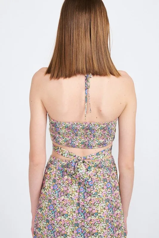 HALTER NECK FLORAL CROP TOP WITH BACK SMOCKING