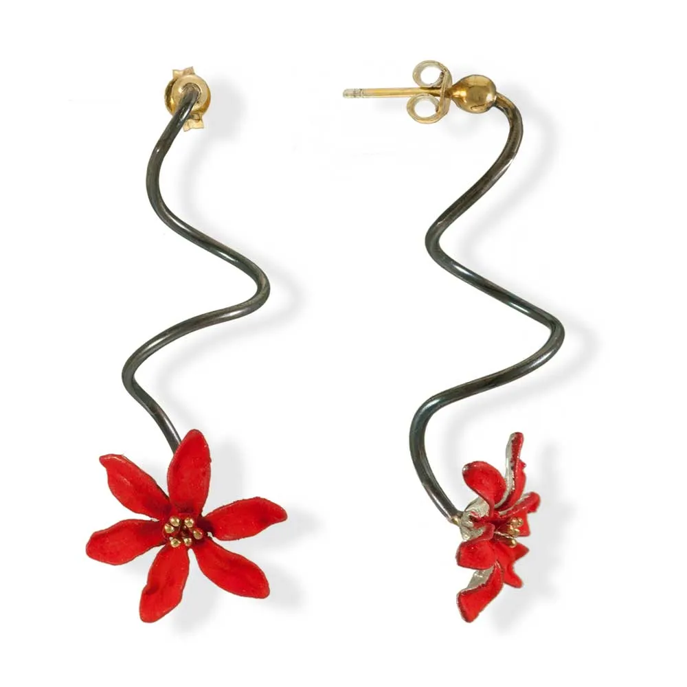 Handmade Black Plated Silver Red Flower Spiral Drop Earrings