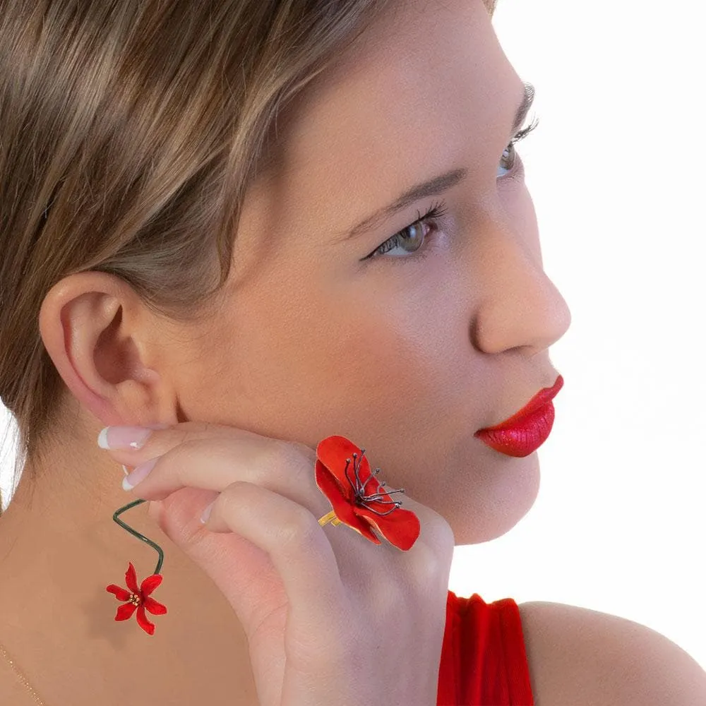 Handmade Black Plated Silver Red Flower Spiral Drop Earrings